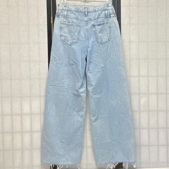 Forever 21 High Rise Gathered Yoke Stretch Faded Wide Baggy Raw Hem Jeans L Long - Picture 2 of 13